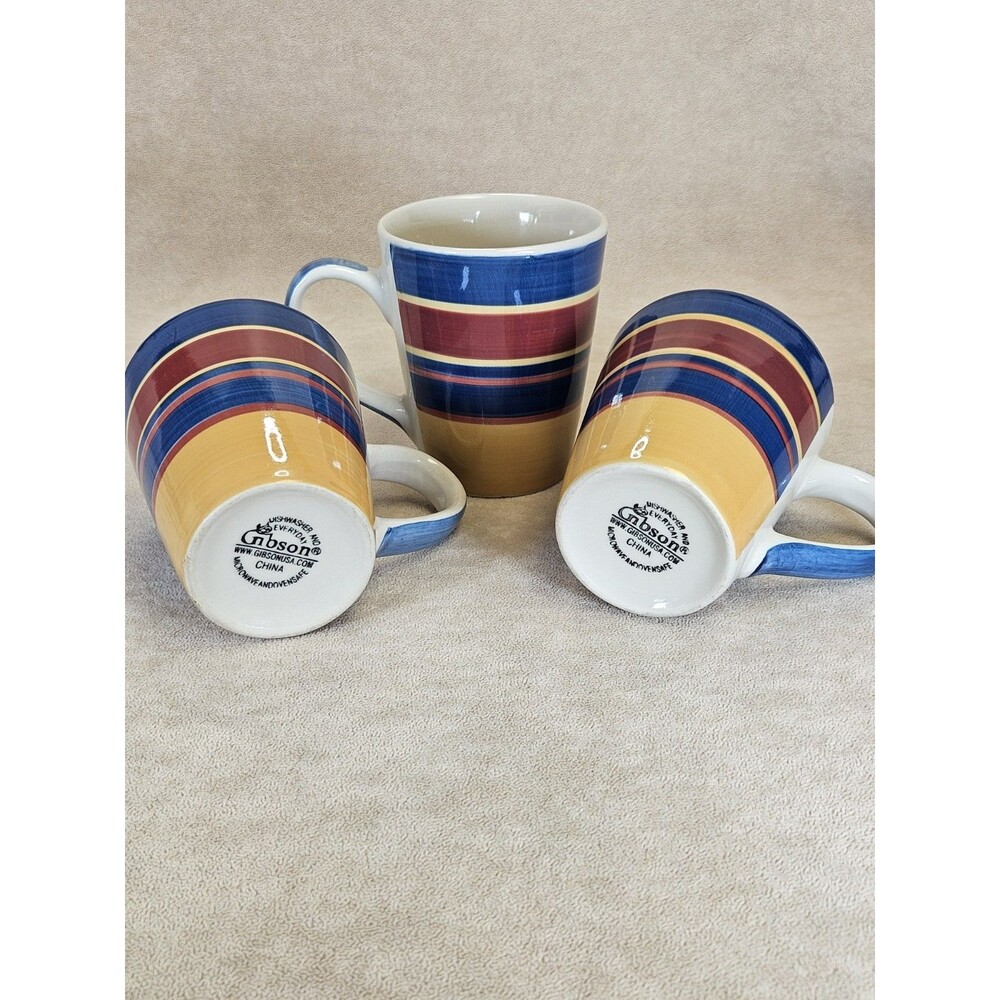 Set Of 3 Gibson Everday Striped Mugs Yellow Blue Burgundy Stoneware Ceramic